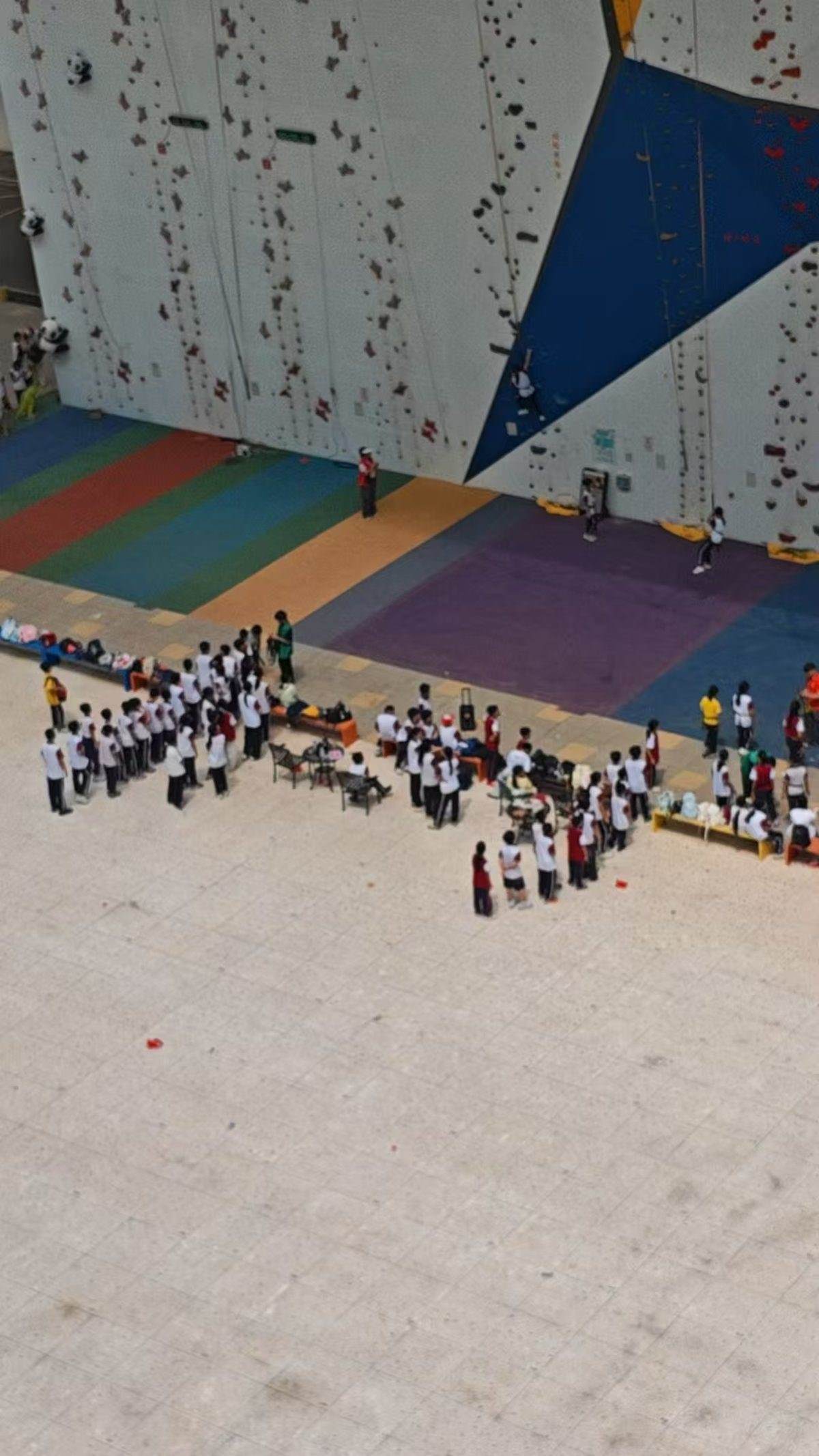 学生在攀岩墙前排队等候研学活动